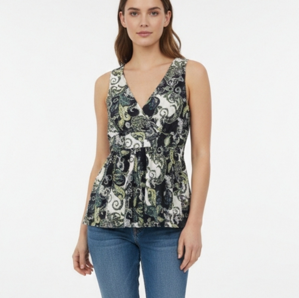 Saks Fifth Avenue Black Green Tank Y2K Pleated Paisley Boho Retro 8